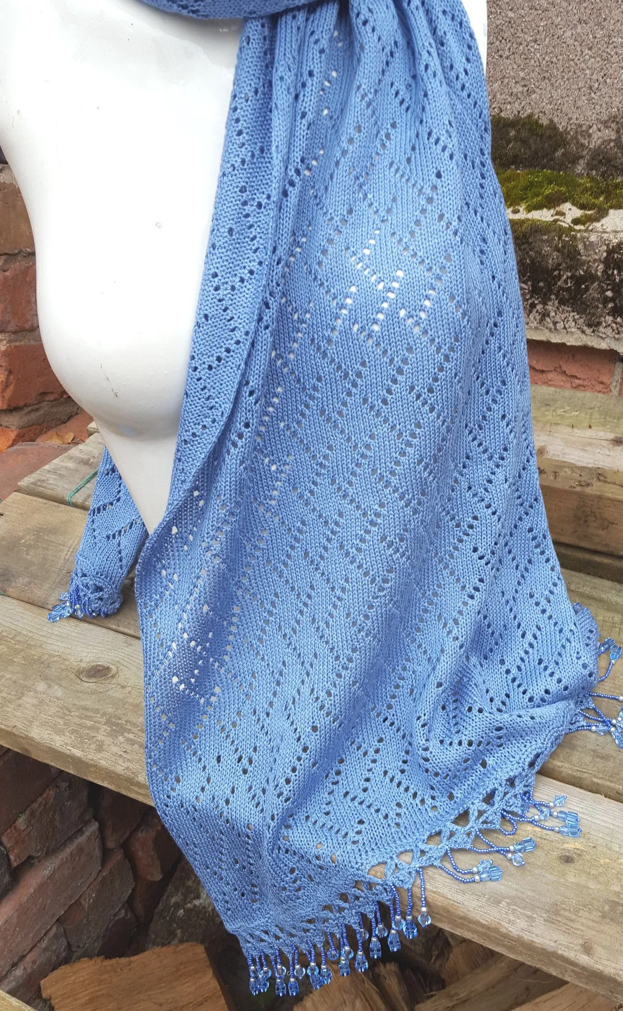 Light Denim Blue Pashmina, shawl with crochet and beaded detail