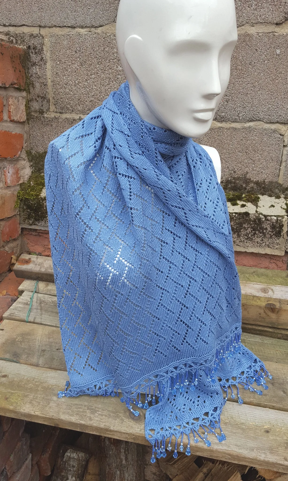 Light Denim Blue Pashmina, shawl with crochet and beaded detail