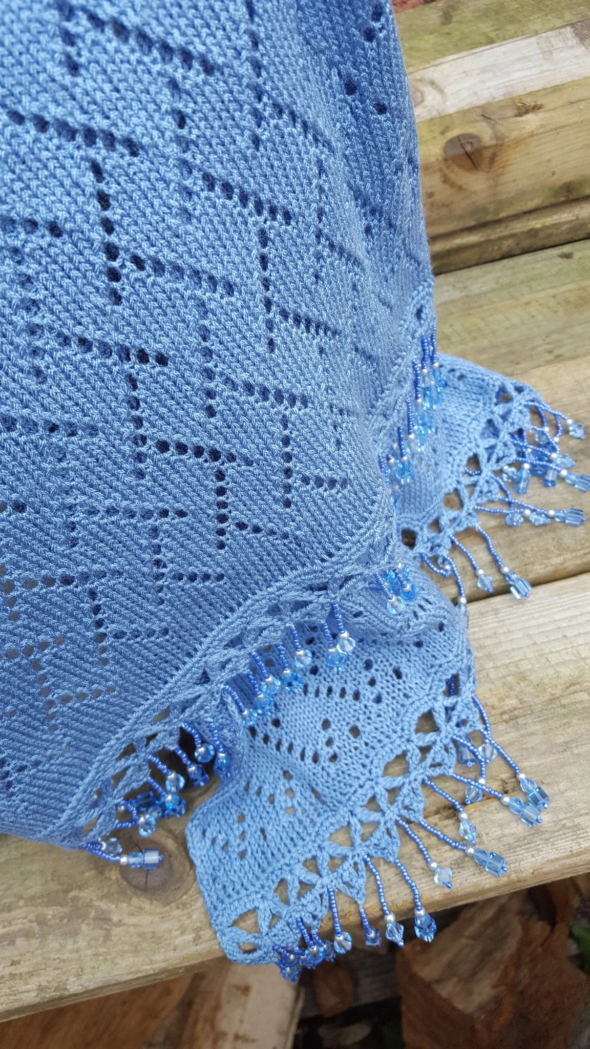 Light Denim Blue Pashmina, shawl with crochet and beaded detail