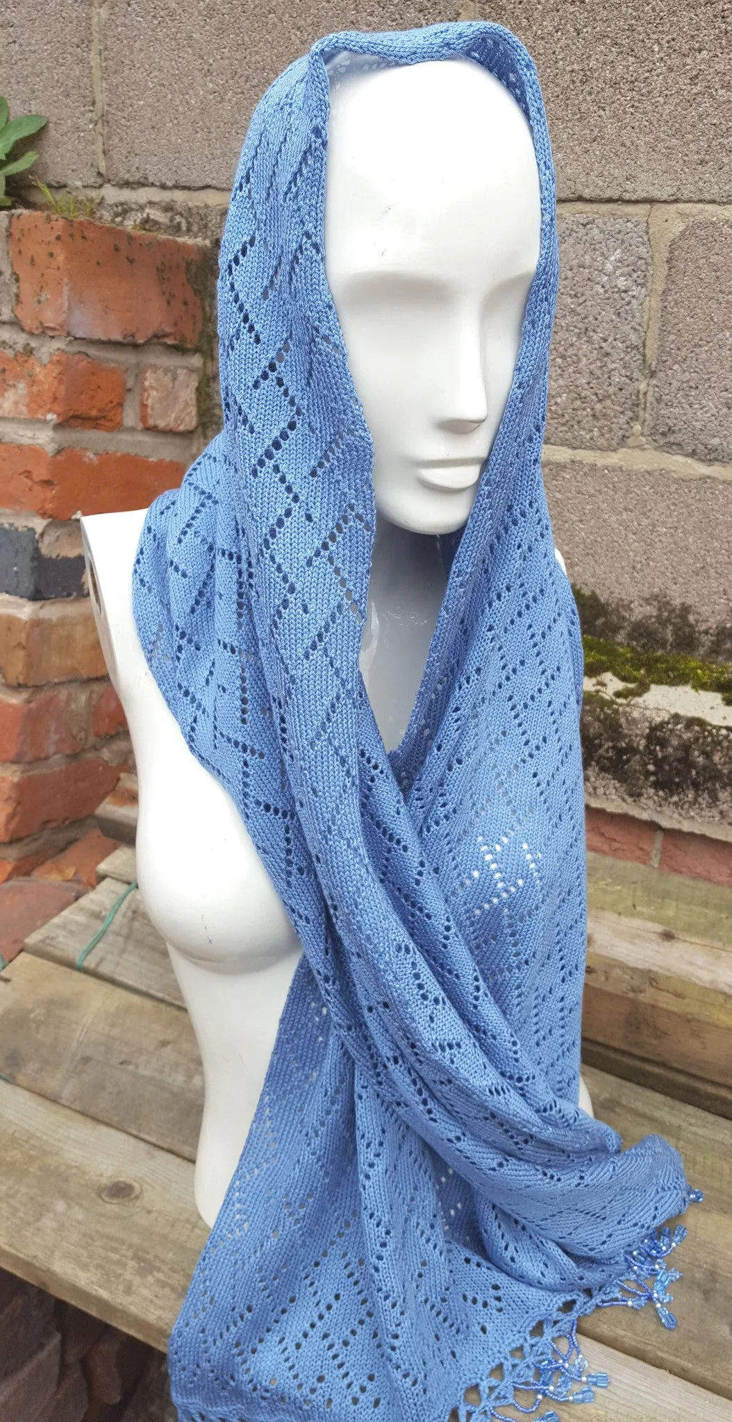 Light Denim Blue Pashmina, shawl with crochet and beaded detail