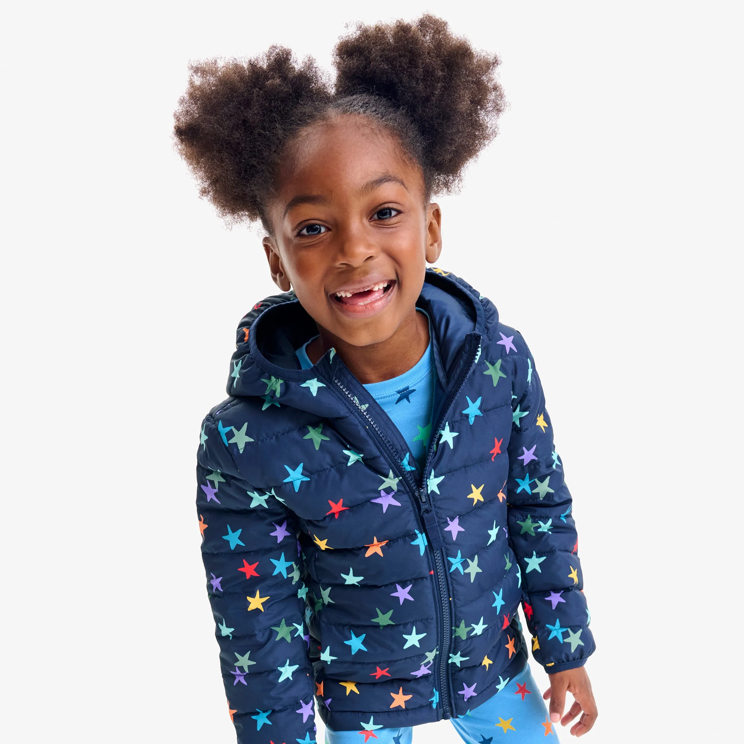 Lightweight puffer jacket in rainbow confetti stars