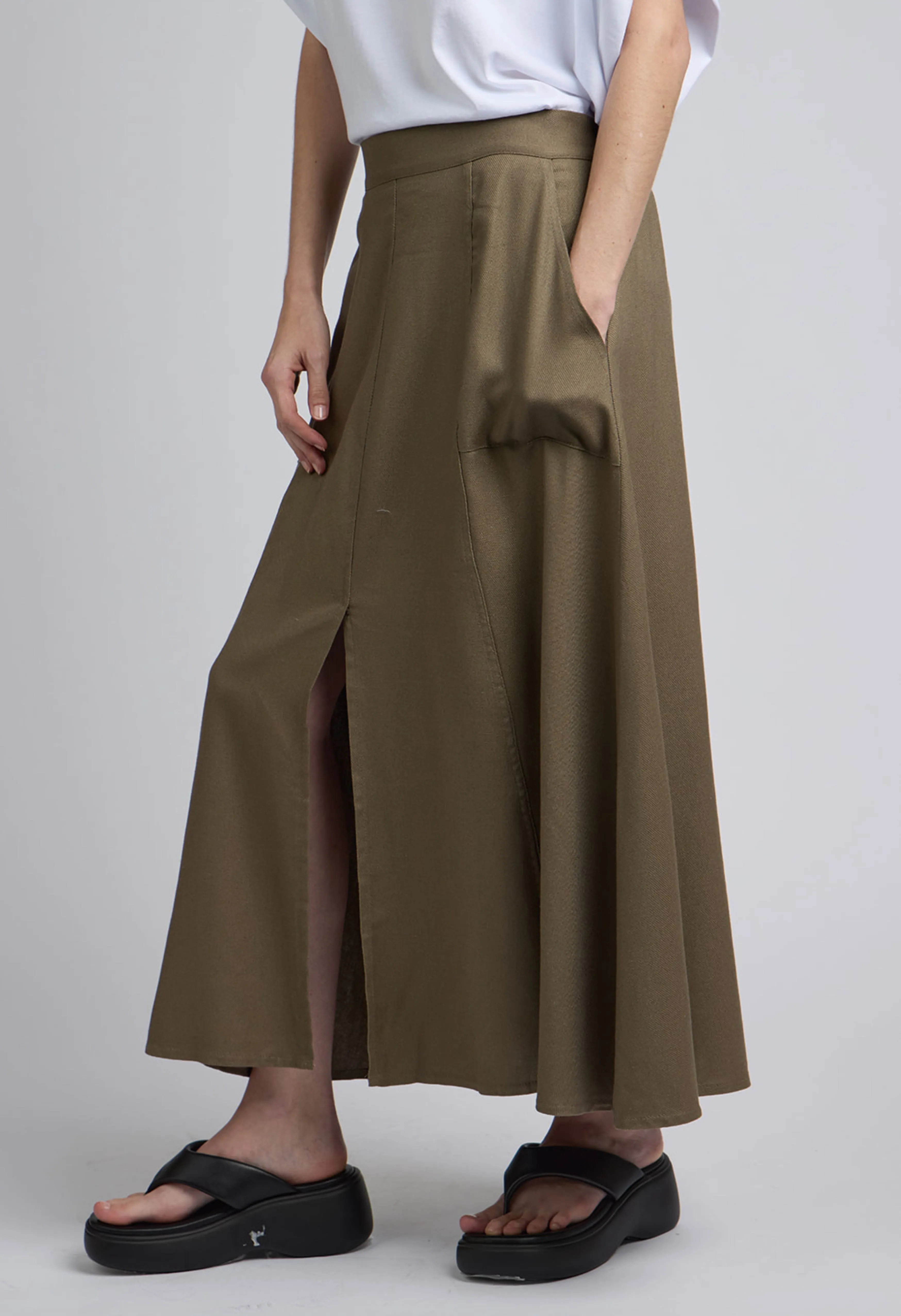 Linen Blend Midi Skirt In Brown