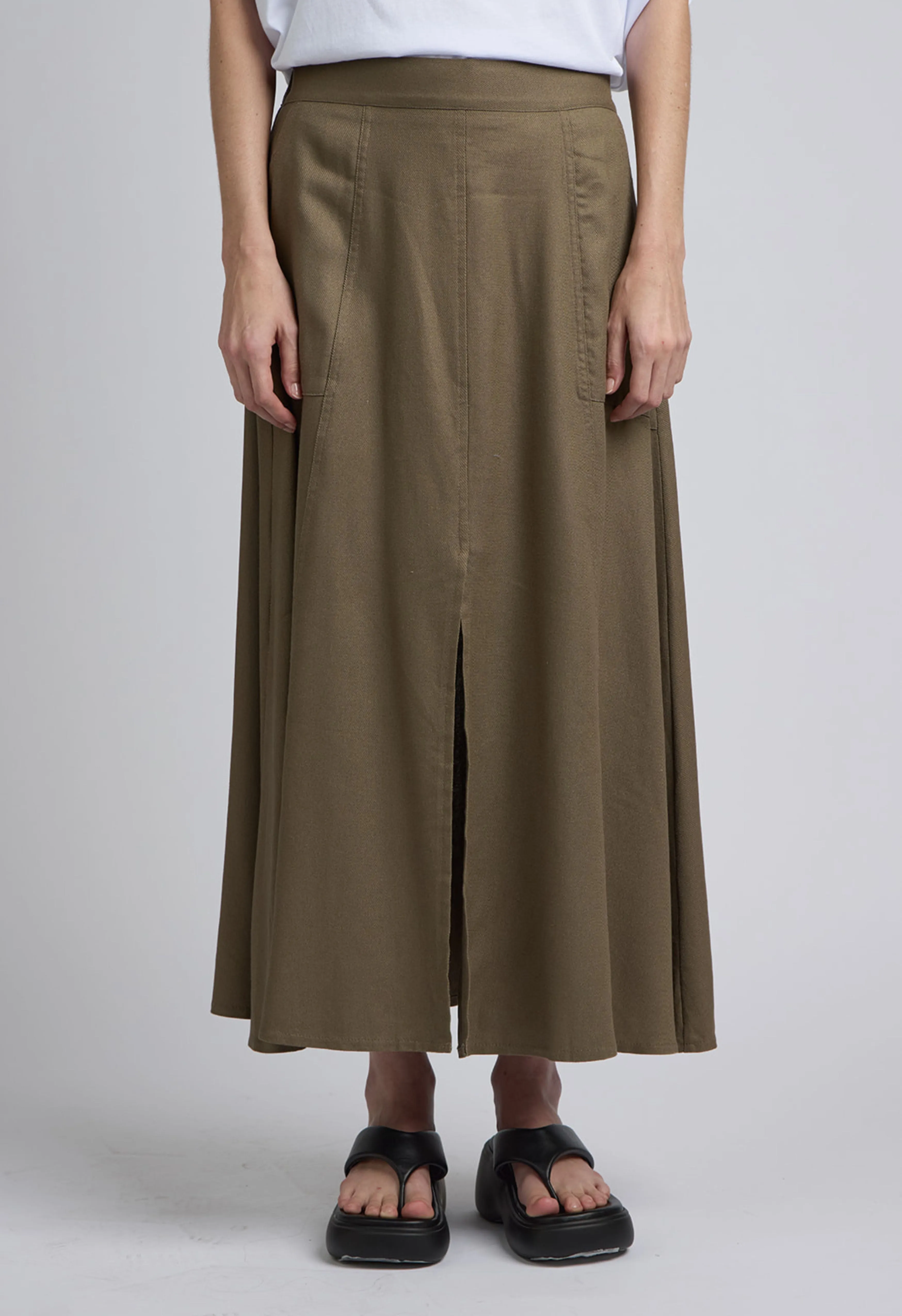 Linen Blend Midi Skirt In Brown