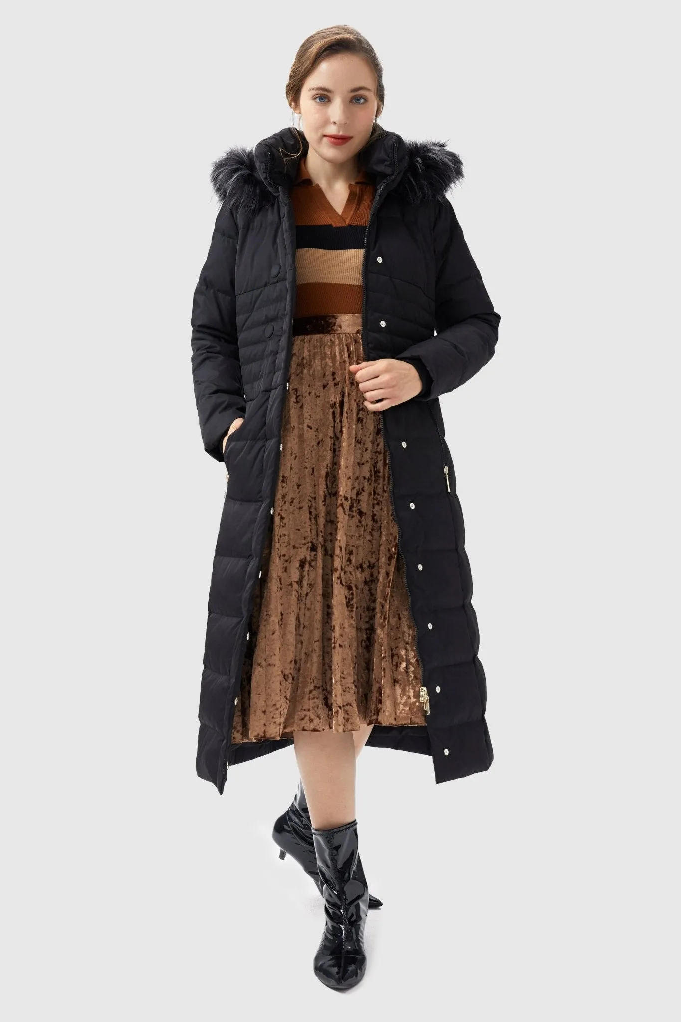 Long Puffer Coat with Hood Fur