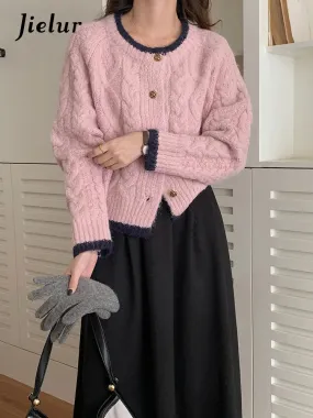 Loose O-neck Single-breasted Chic Cardigan Women Autumn Korean Retro Knitted Pink Jackets Solid Color Sweet Sweater Coats