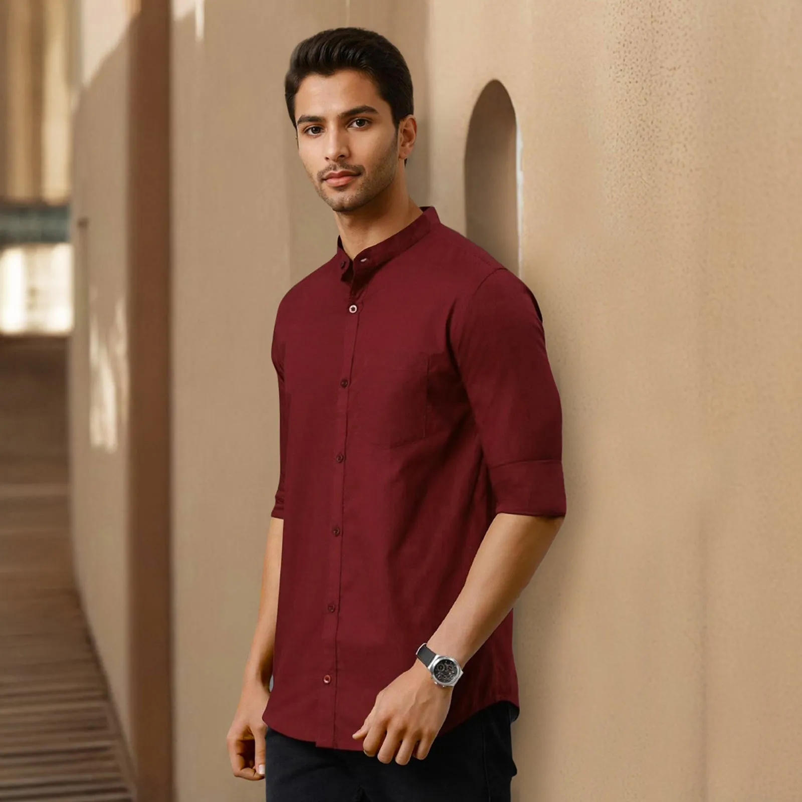 Maroon Mandarin Collar Solid Linen Cotton Shirt for Men