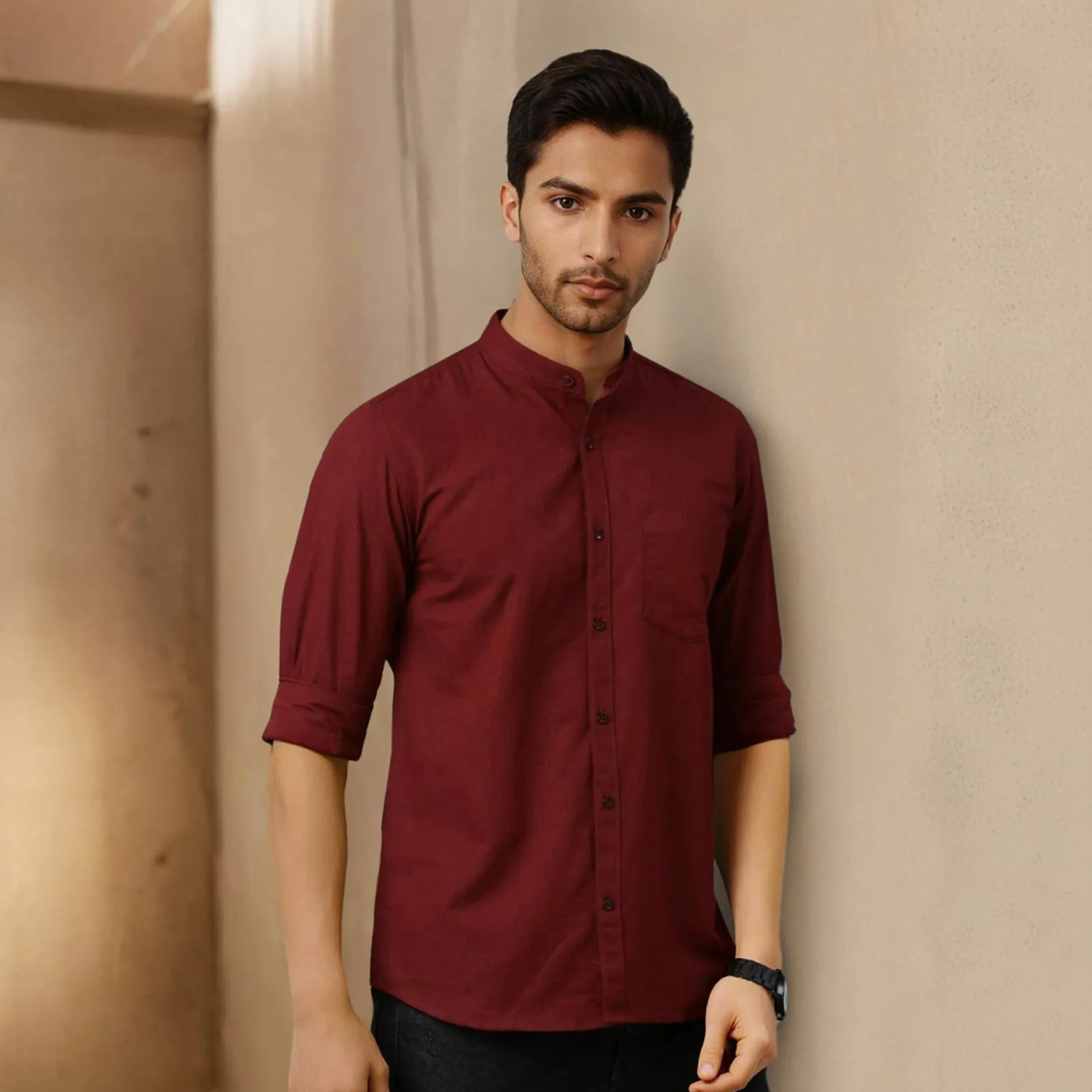 Maroon Mandarin Collar Solid Linen Cotton Shirt for Men