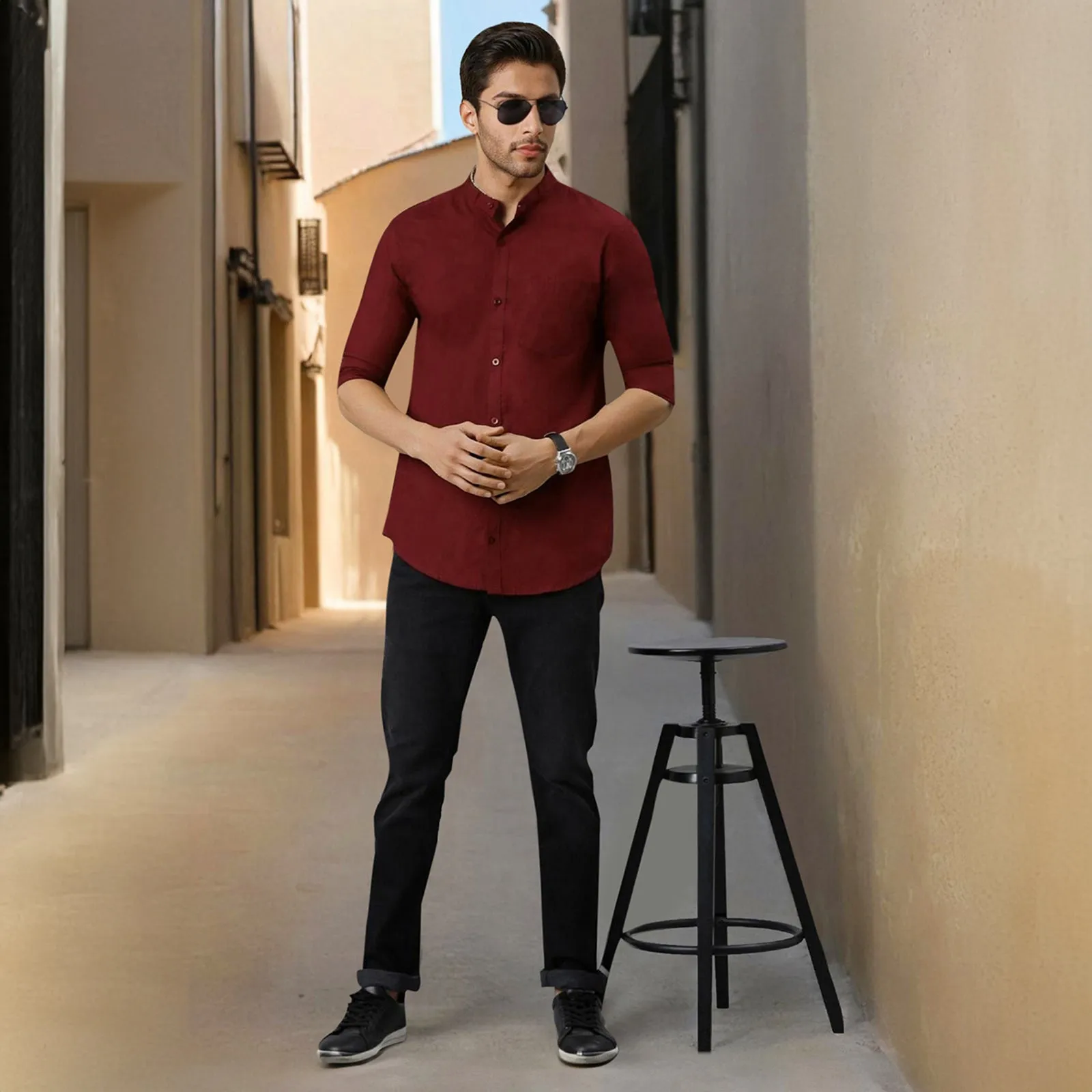 Maroon Mandarin Collar Solid Linen Cotton Shirt for Men