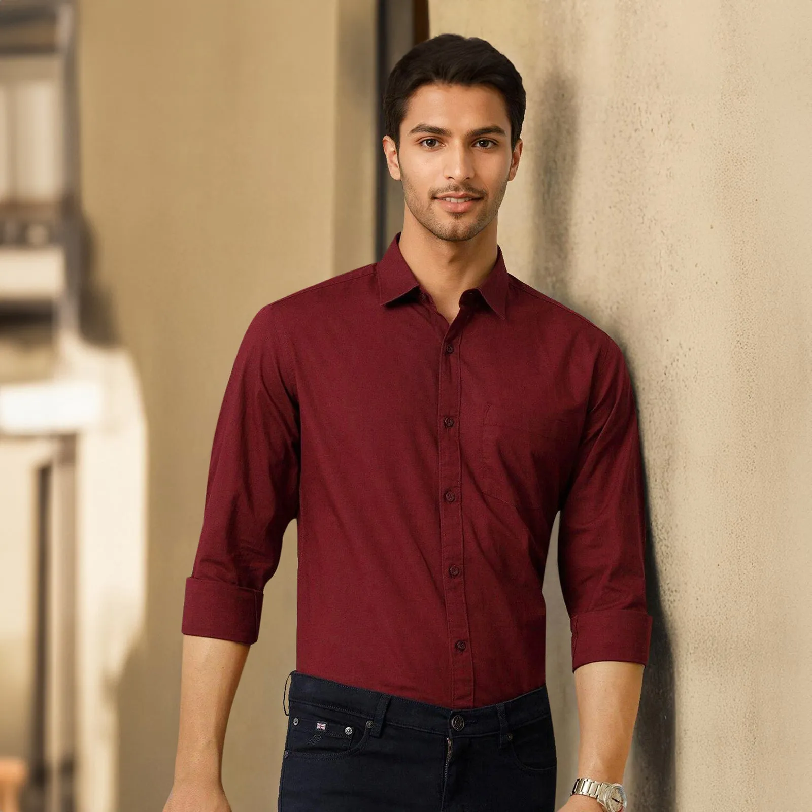 Maroon Solid Linen Cotton Shirt for Men