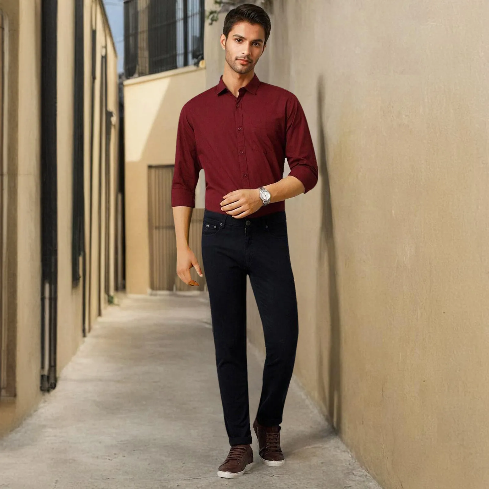 Maroon Solid Linen Cotton Shirt for Men