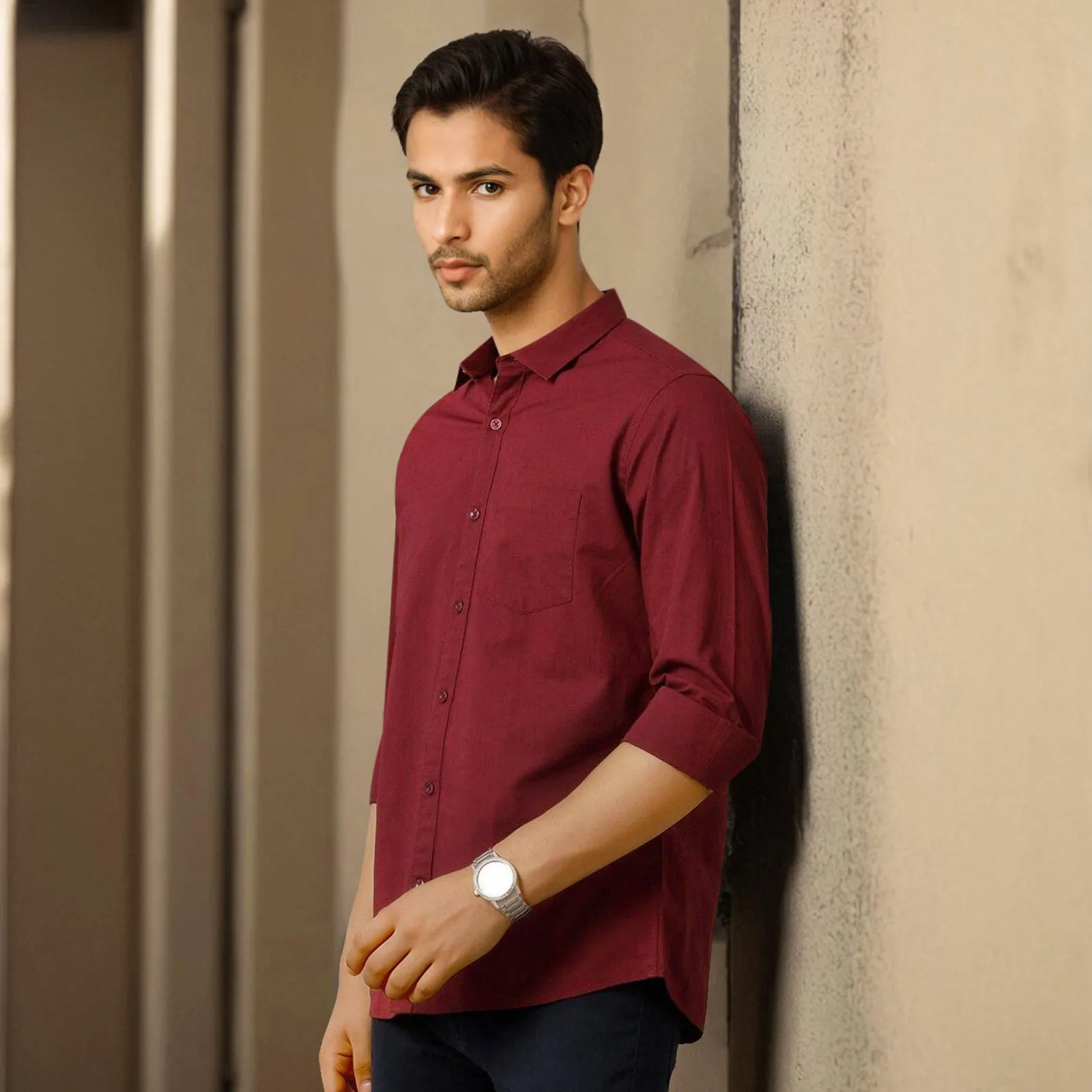 Maroon Solid Linen Cotton Shirt for Men