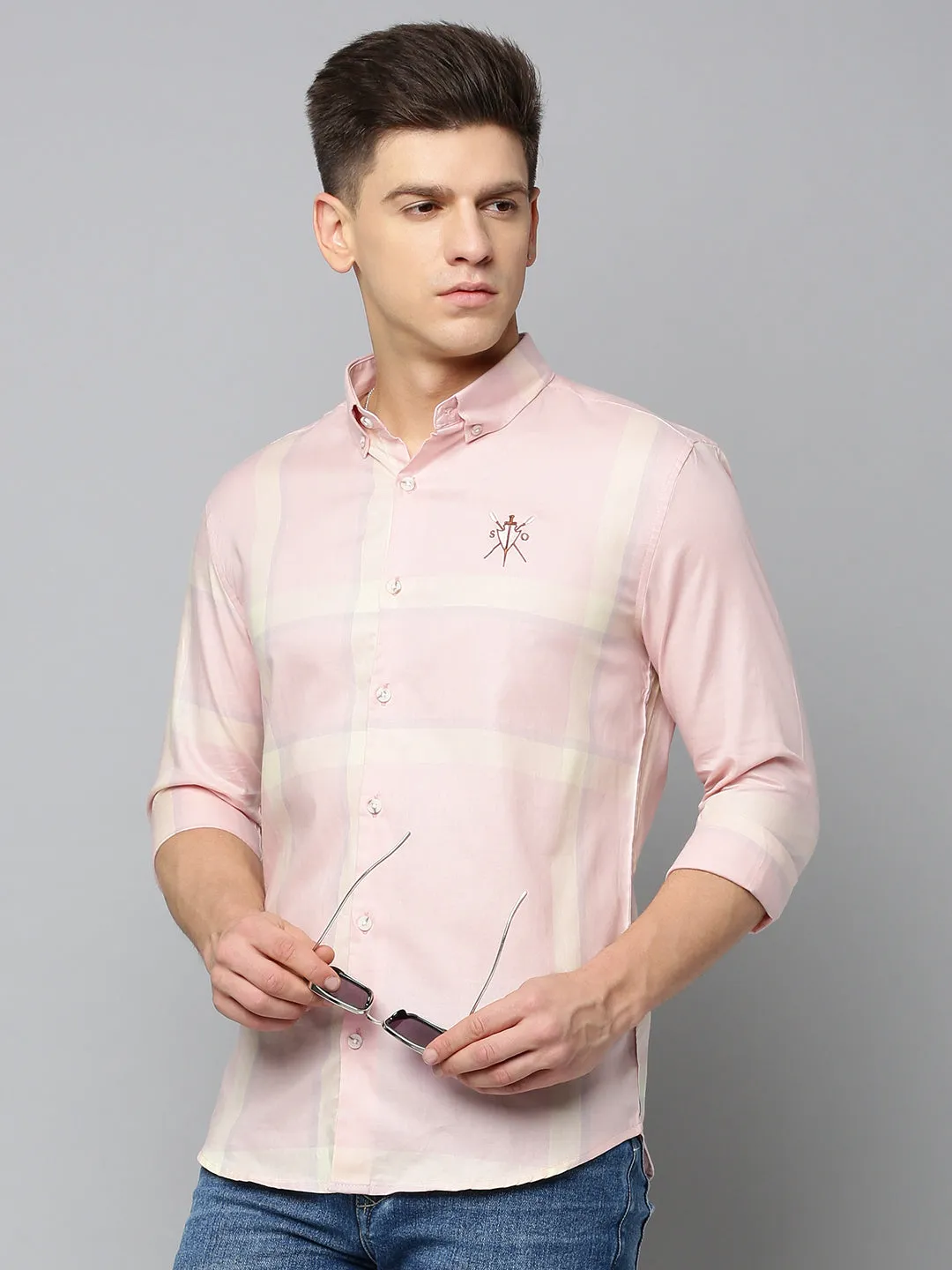 Men Peach Checked Casual Shirt