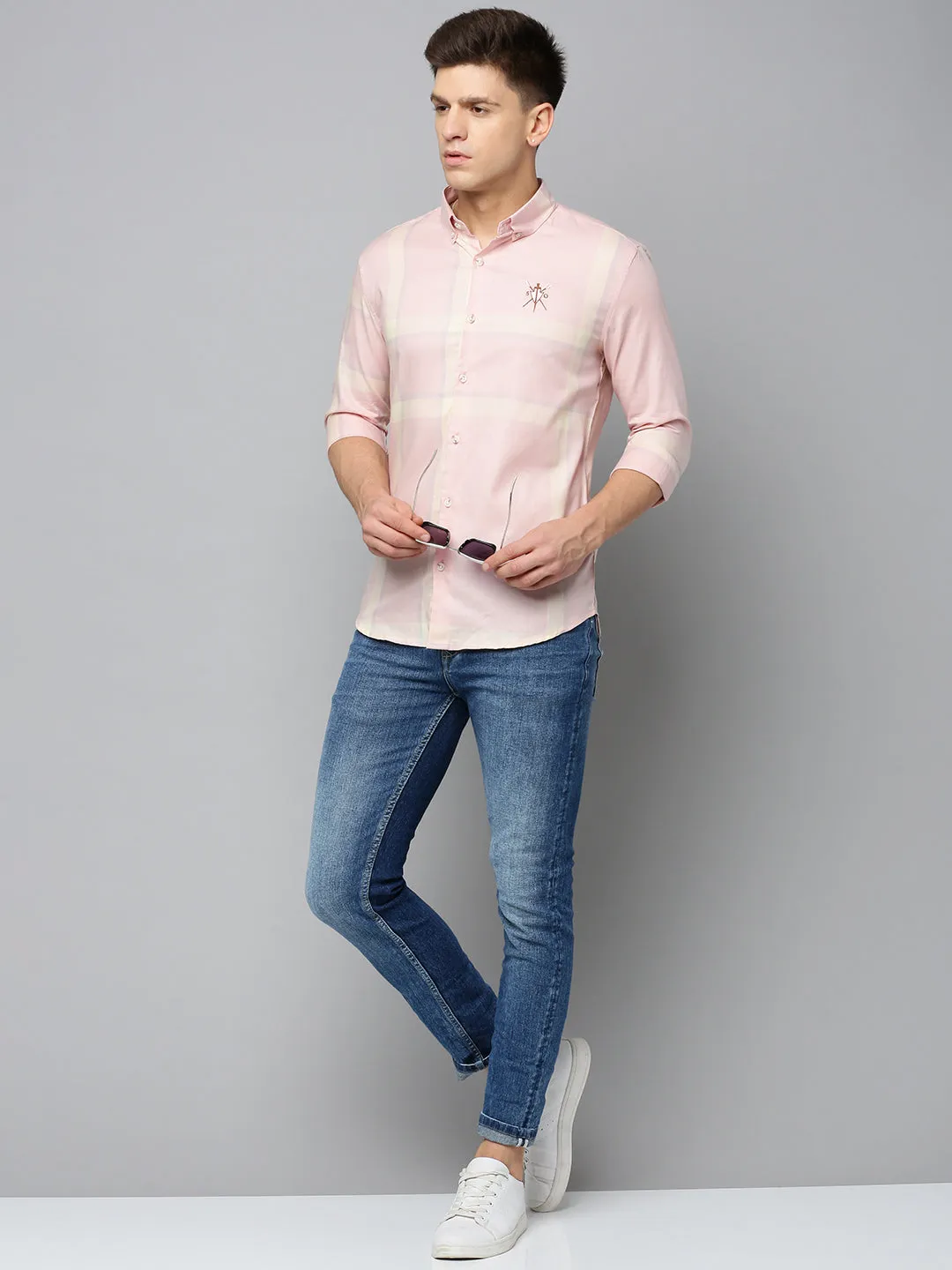 Men Peach Checked Casual Shirt