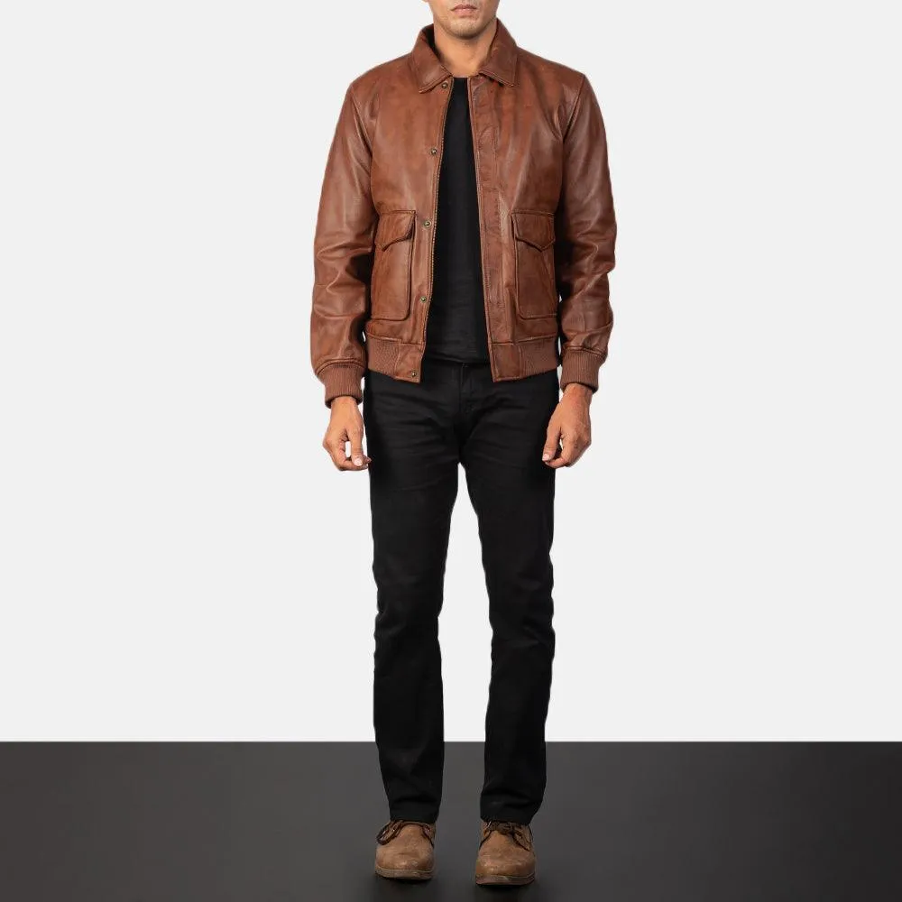 Mens Coffman Olive Brown Leather Bomber Jacket