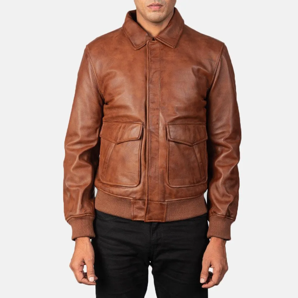 Mens Coffman Olive Brown Leather Bomber Jacket