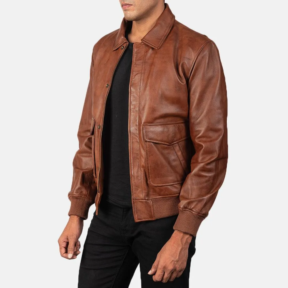 Mens Coffman Olive Brown Leather Bomber Jacket