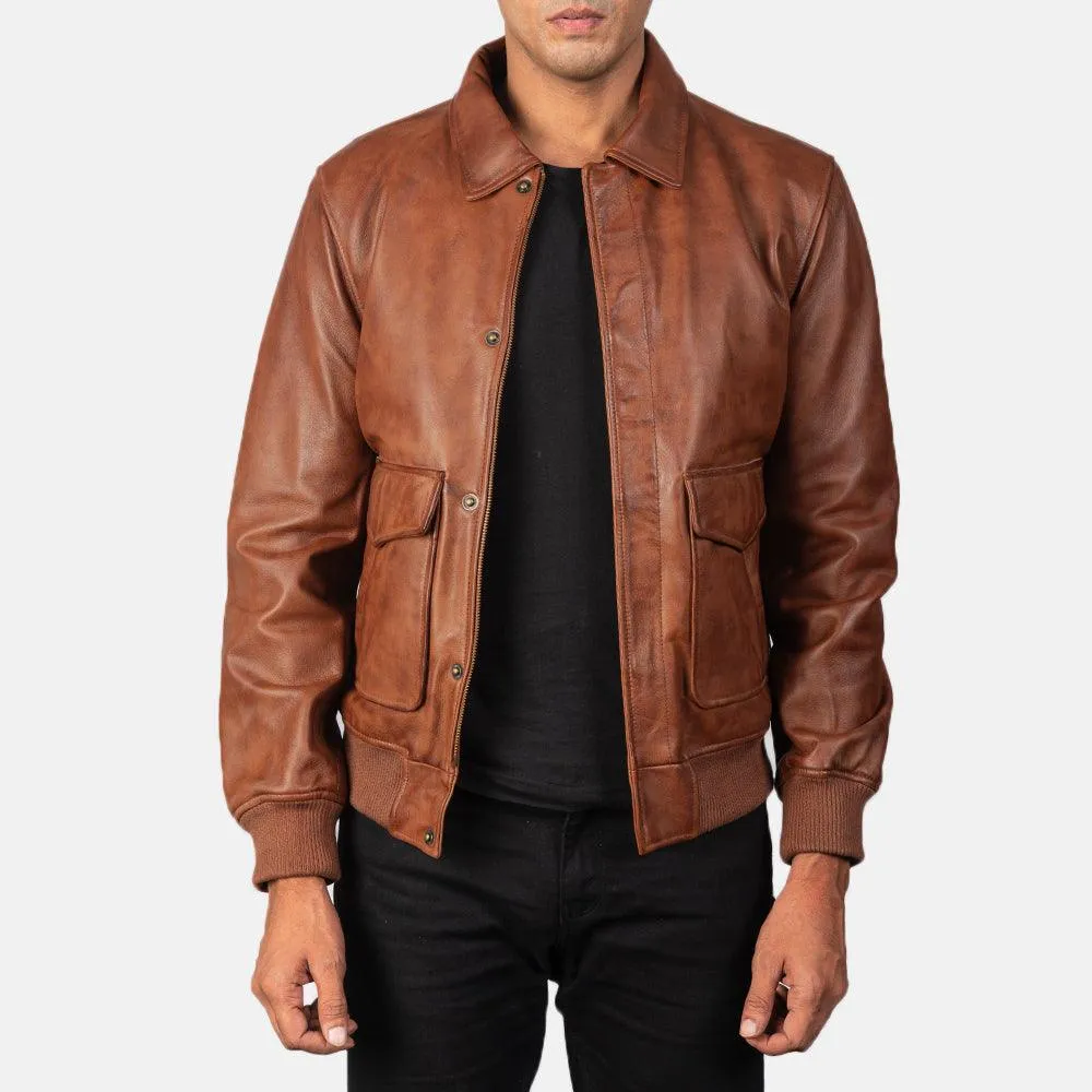 Mens Coffman Olive Brown Leather Bomber Jacket