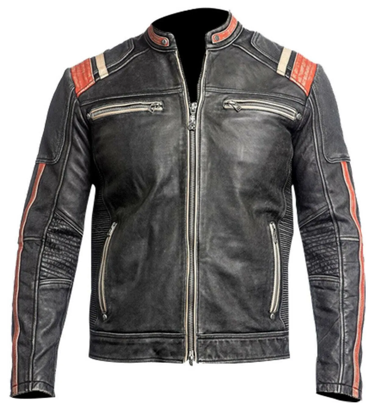 Men's Retro Cafe Racer Biker Vintage Motorcycle Distressed Moto Leather Jacket