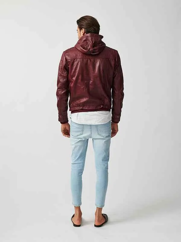 Mens ST Mortiz Burgundy Hooded Leather Jacket