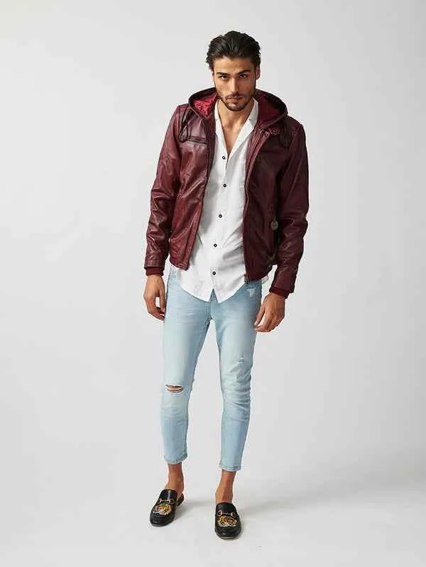 Mens ST Mortiz Burgundy Hooded Leather Jacket