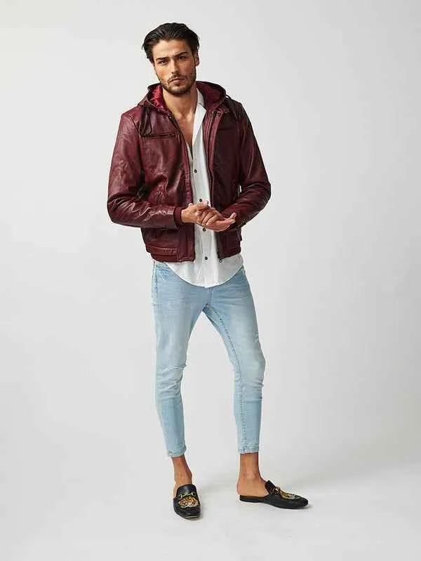 Mens ST Mortiz Burgundy Hooded Leather Jacket