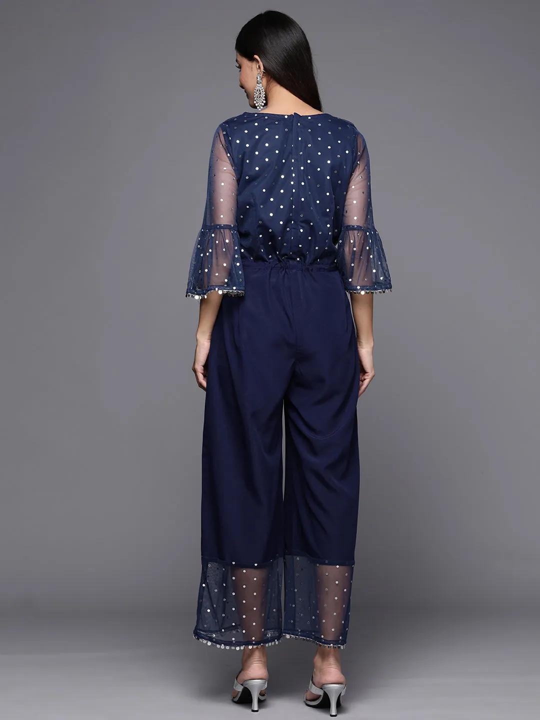 Navy Blue Polka Dots Printed Jumpsuit With Waist Tie-Ups