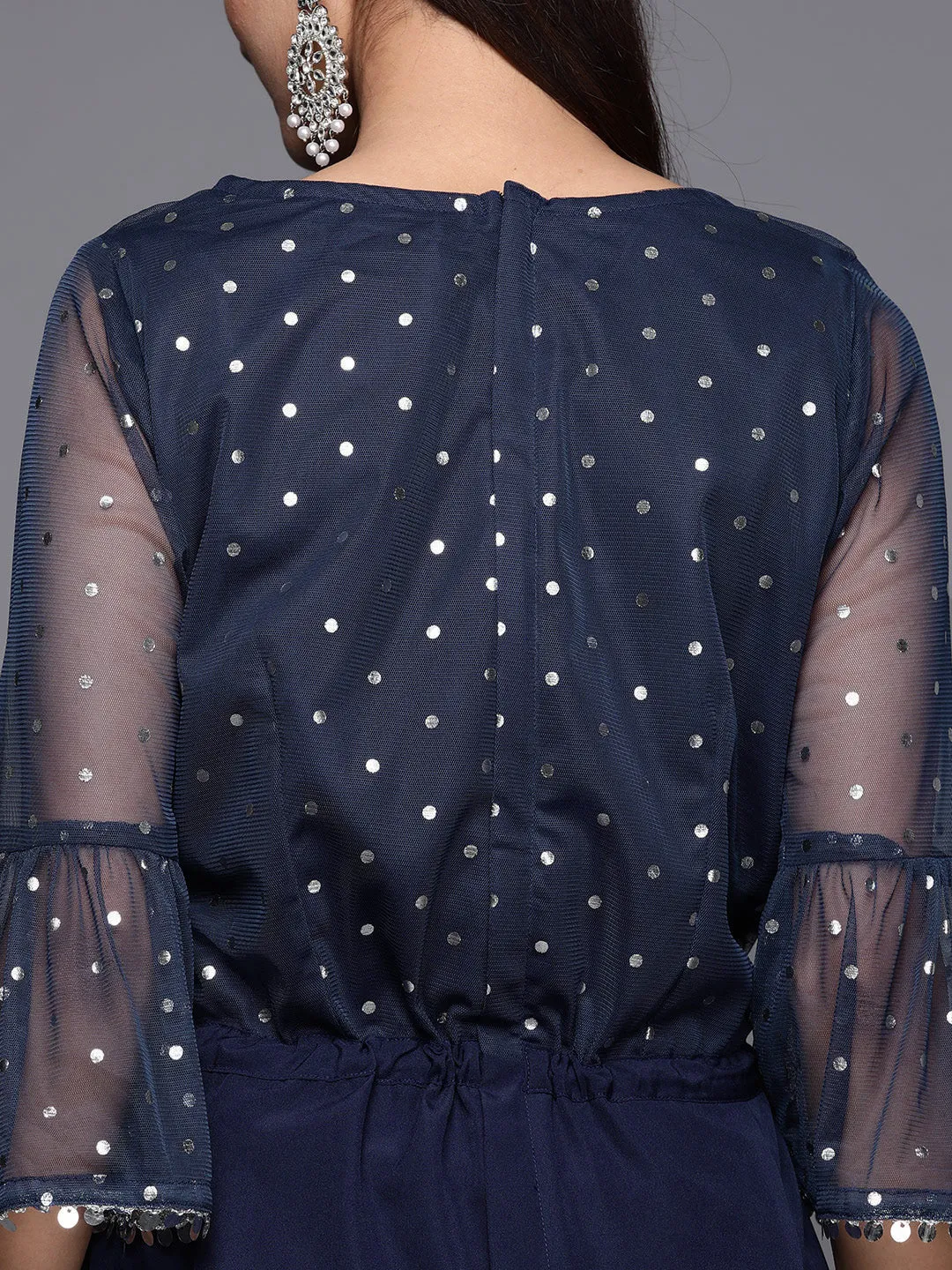 Navy Blue Polka Dots Printed Jumpsuit With Waist Tie-Ups