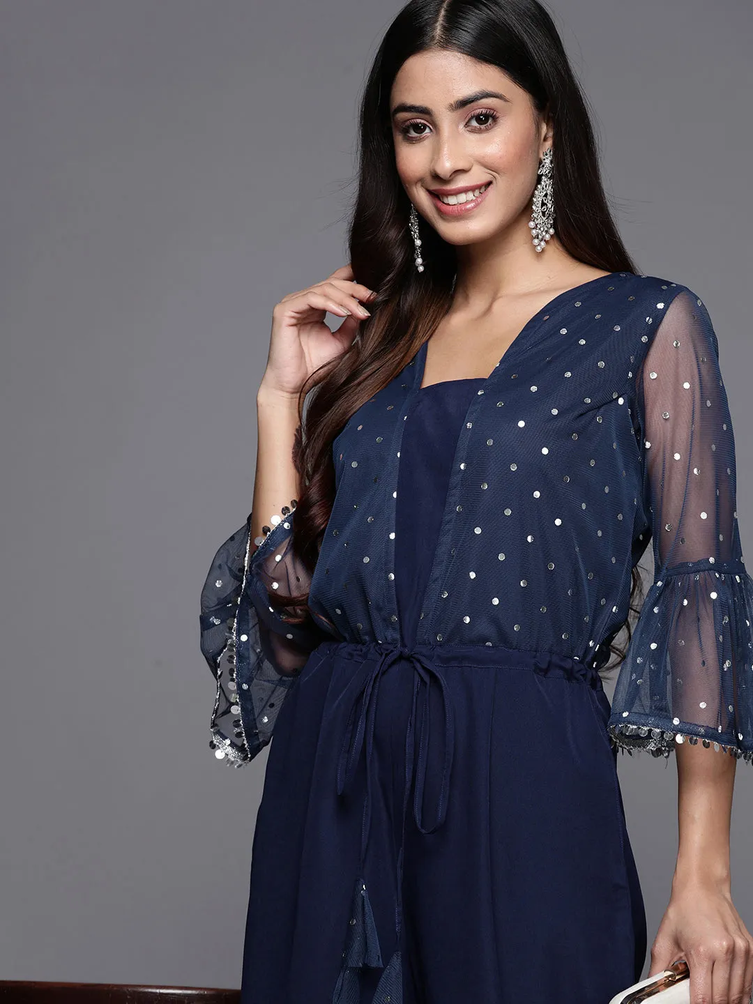 Navy Blue Polka Dots Printed Jumpsuit With Waist Tie-Ups