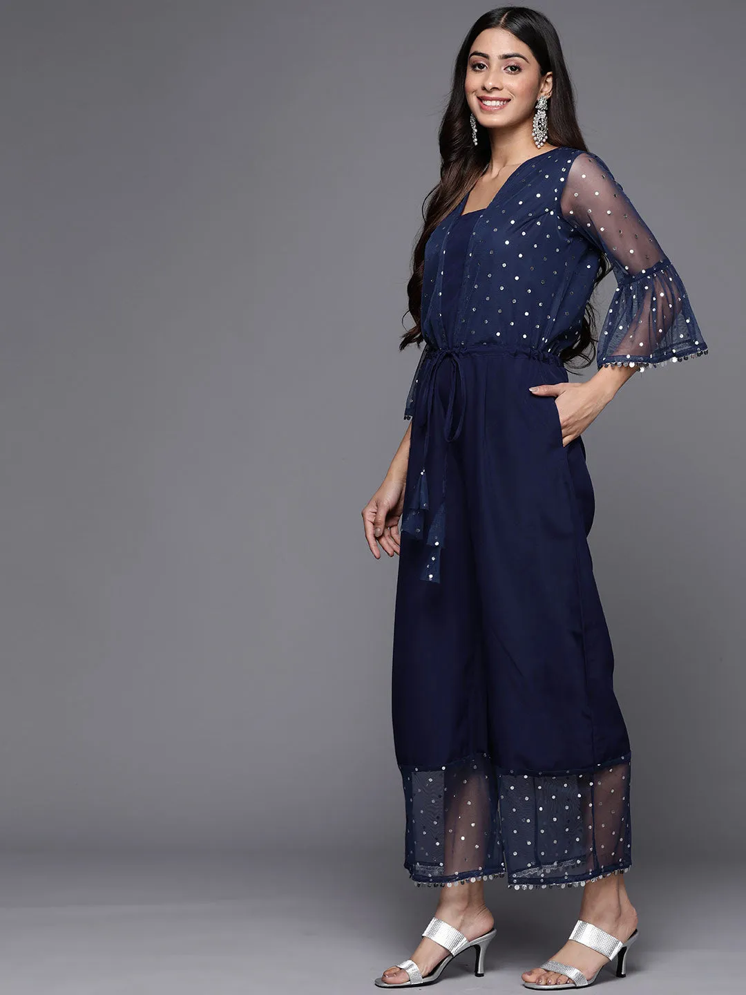 Navy Blue Polka Dots Printed Jumpsuit With Waist Tie-Ups