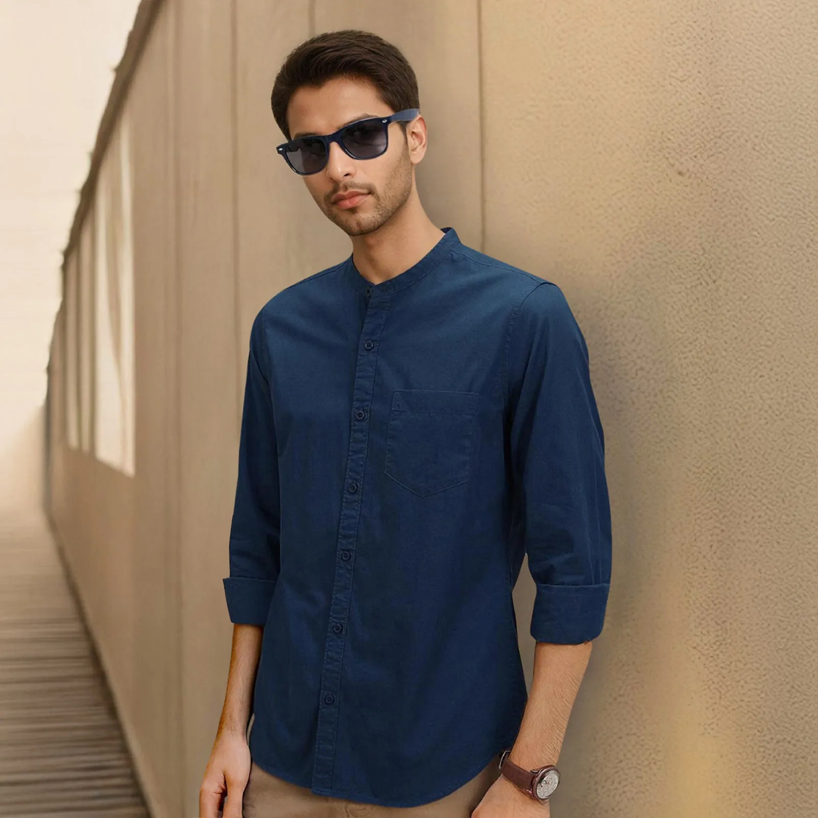 Navy Mandarin Collar Solid Linen Cotton Shirt for Men