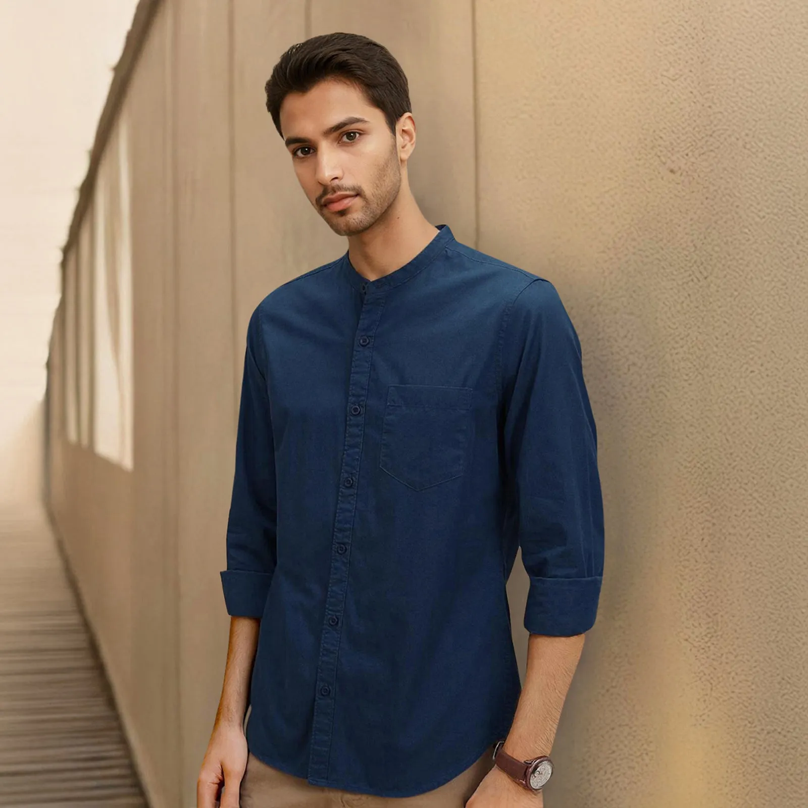 Navy Mandarin Collar Solid Linen Cotton Shirt for Men