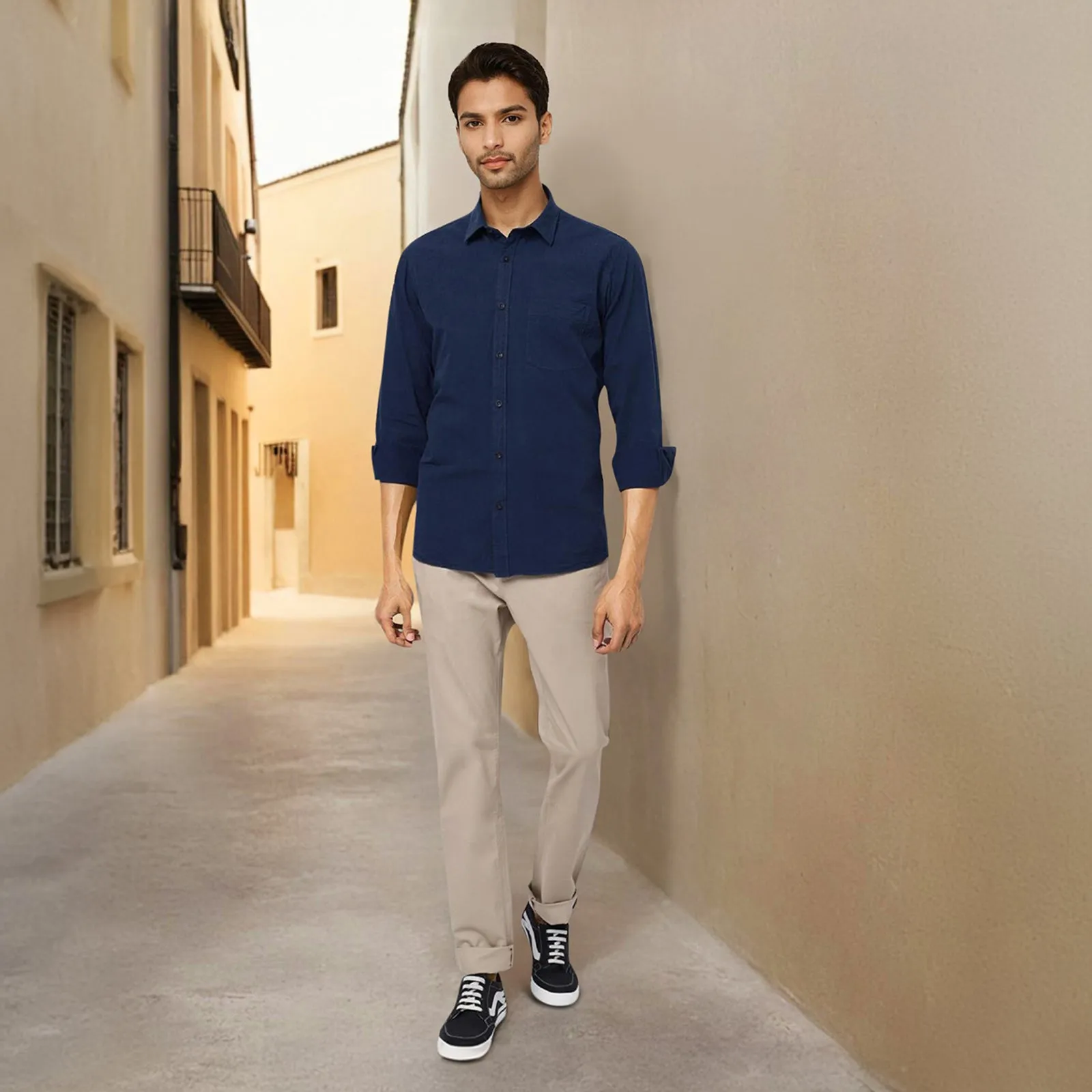 Navy Solid Linen Cotton Shirt for Men