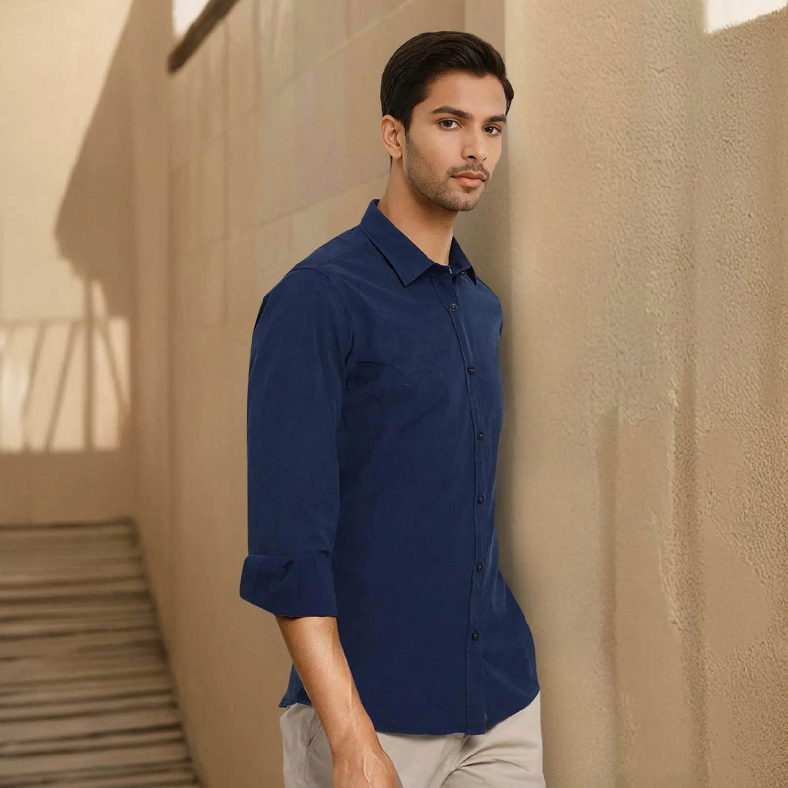 Navy Solid Linen Cotton Shirt for Men