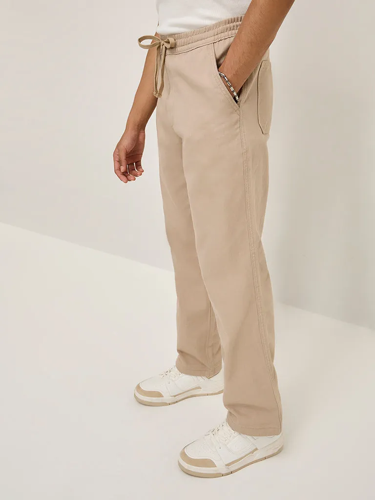 Nuon Beige Slim-Fit Mid-Rise Cotton Trousers