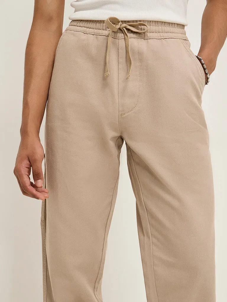 Nuon Beige Slim-Fit Mid-Rise Cotton Trousers