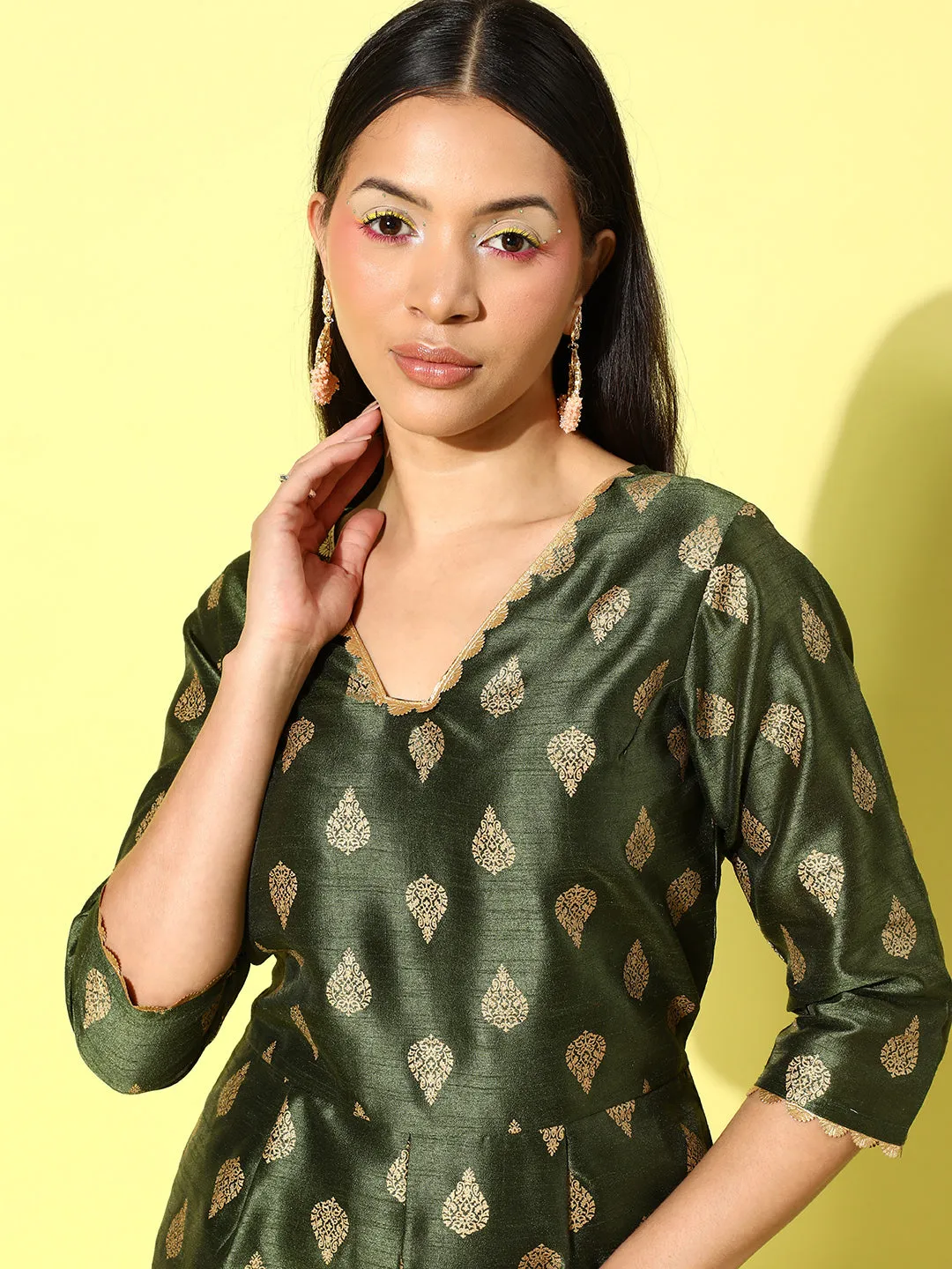 Olive Green & Gold Printed Jumpsuit