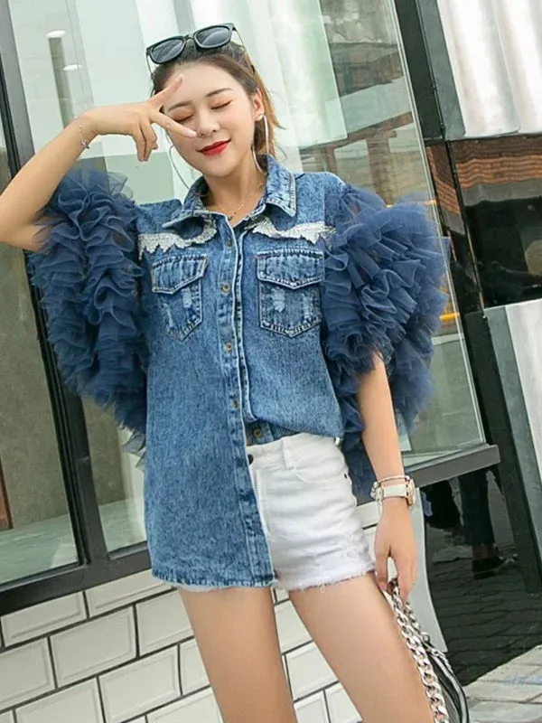 Patchwork Mesh Diamond Jacket For Women Lapel Sleeveless Casual Streetwear Denim Jackets Female Fashion Clothing Spring