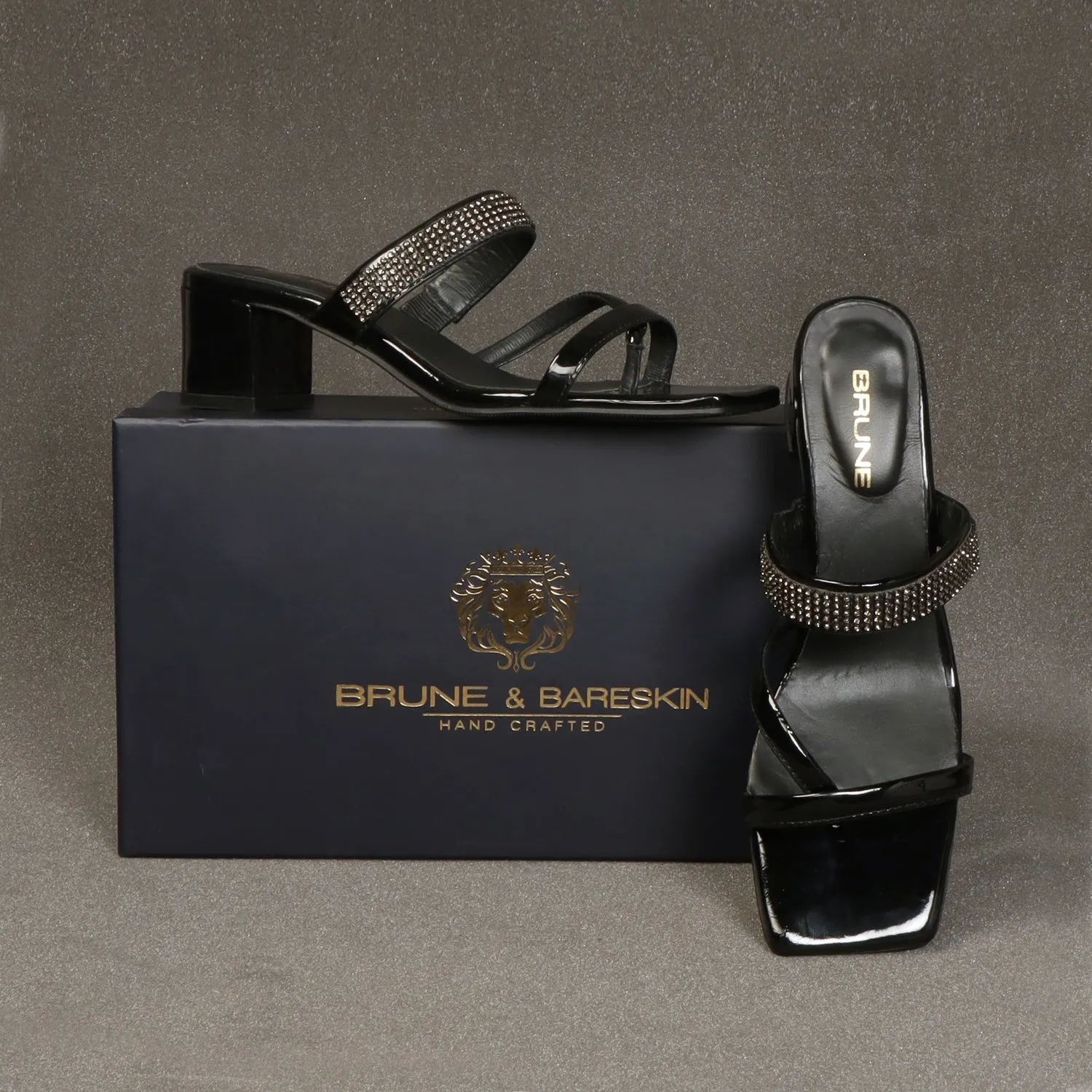 Patent Black Rhinestone Beads Embellished Intricate Strap Design Ladies Blocked Heel Sandals By Brune & Bareskin