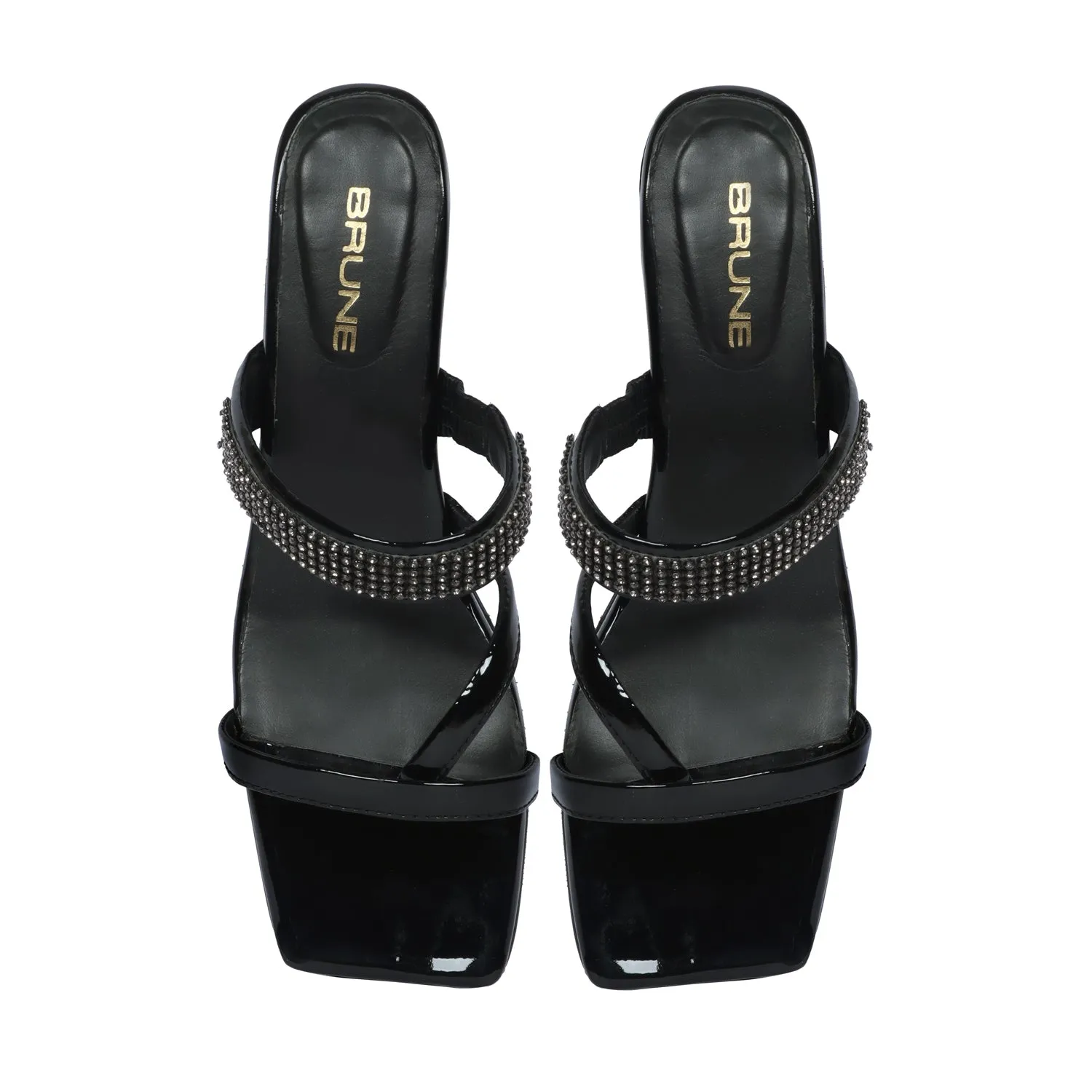 Patent Black Rhinestone Beads Embellished Intricate Strap Design Ladies Blocked Heel Sandals By Brune & Bareskin