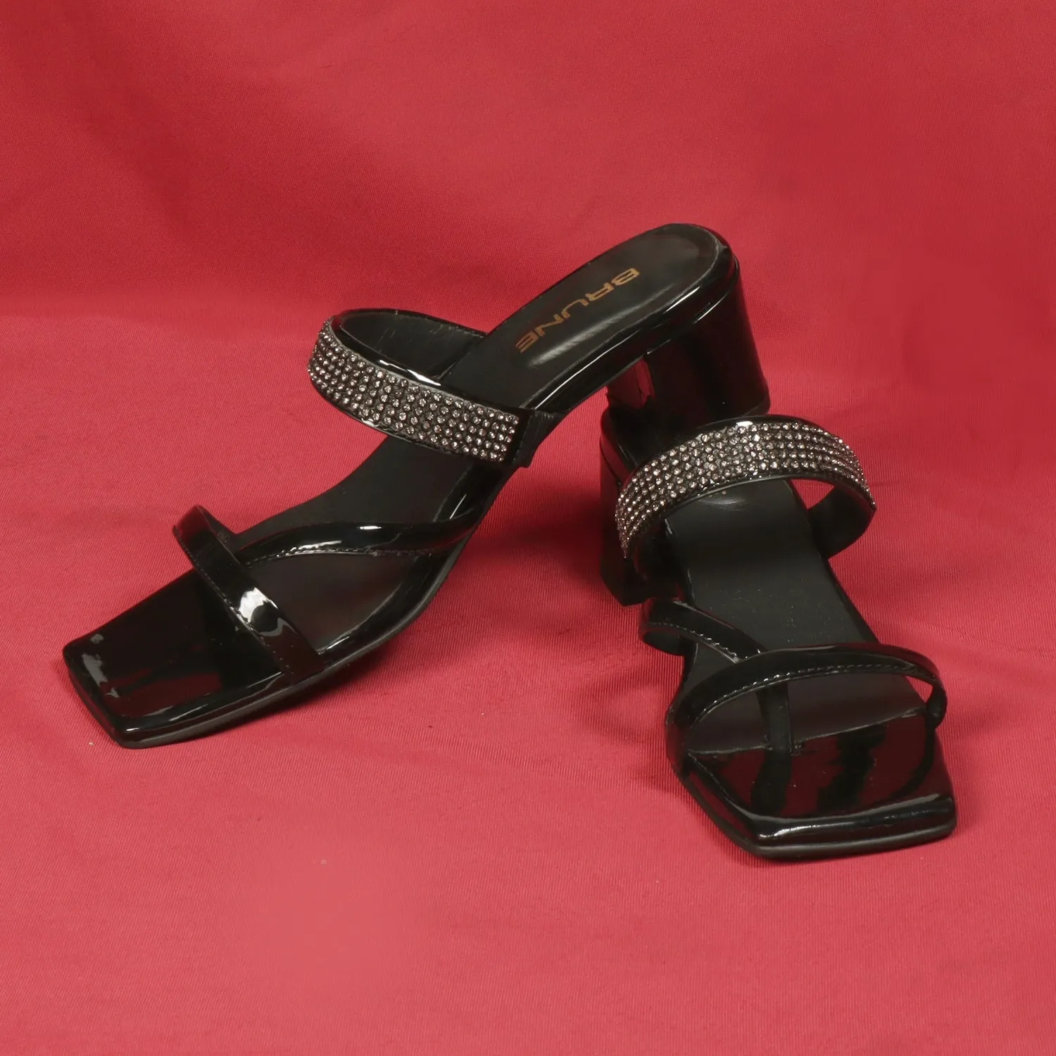 Patent Black Rhinestone Beads Embellished Intricate Strap Design Ladies Blocked Heel Sandals By Brune & Bareskin