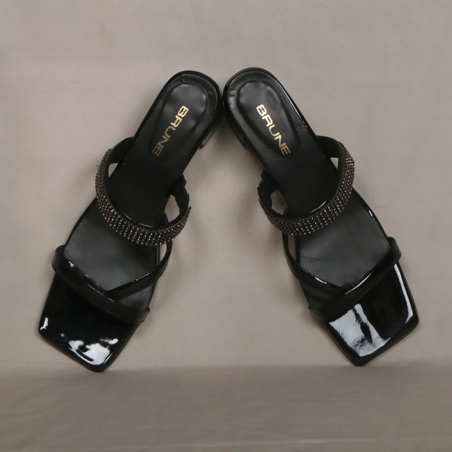 Patent Black Rhinestone Beads Embellished Intricate Strap Design Ladies Blocked Heel Sandals By Brune & Bareskin