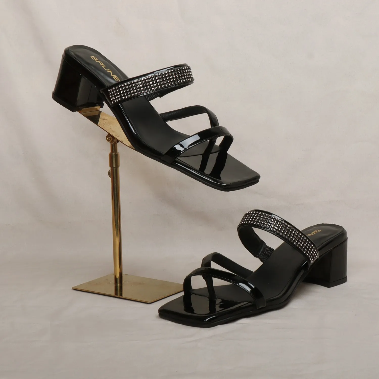 Patent Black Rhinestone Beads Embellished Intricate Strap Design Ladies Blocked Heel Sandals By Brune & Bareskin