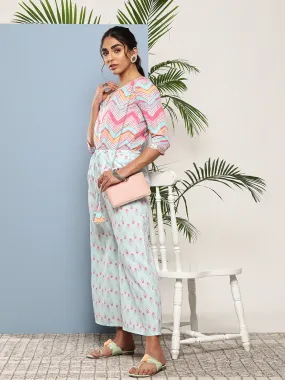 Pink & Blue Printed Waist Tie-Ups Jumpsuit