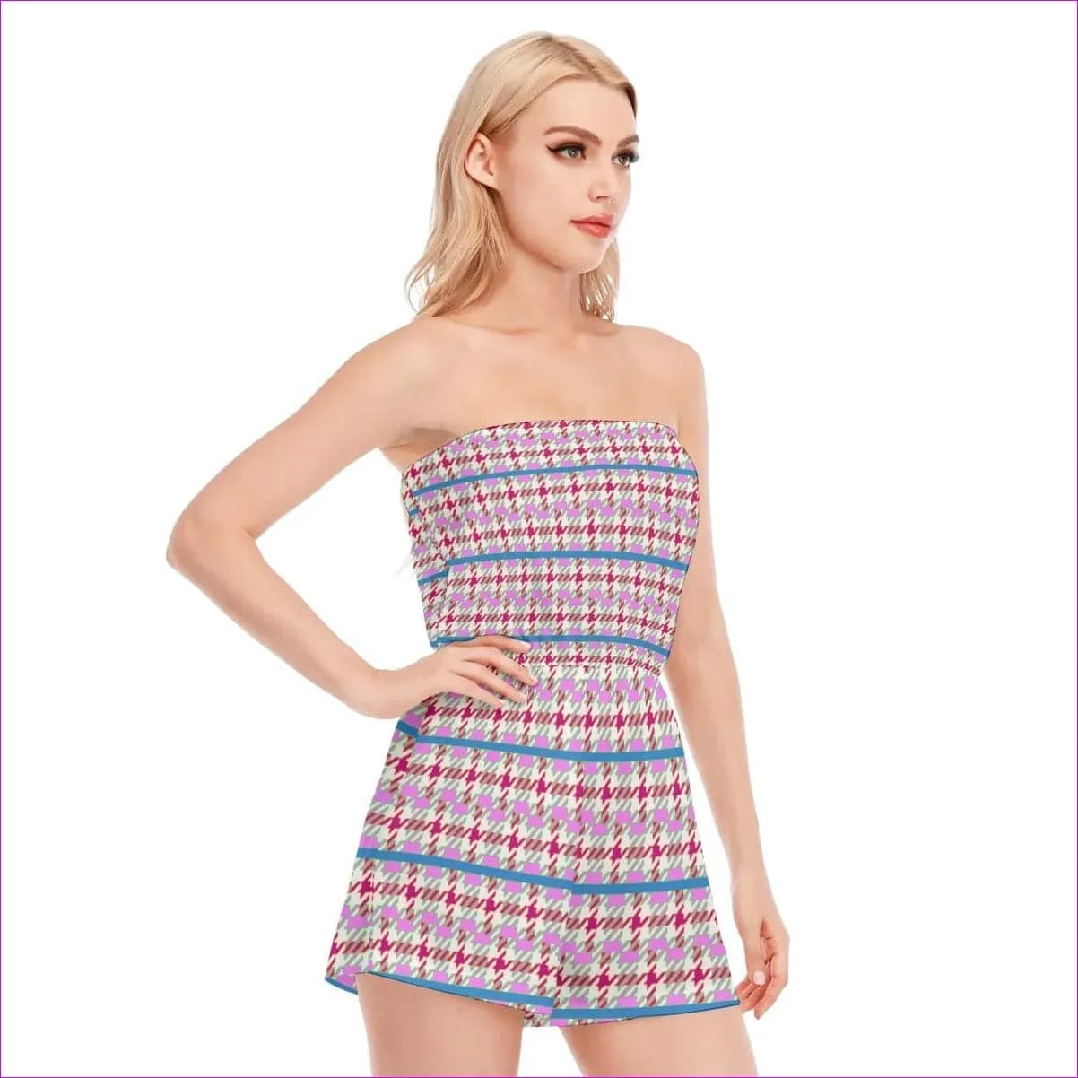 Pink Houndstooth Womens Tube Top Romper