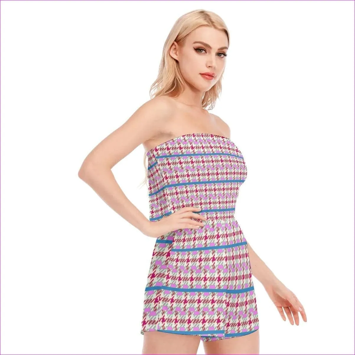 Pink Houndstooth Womens Tube Top Romper