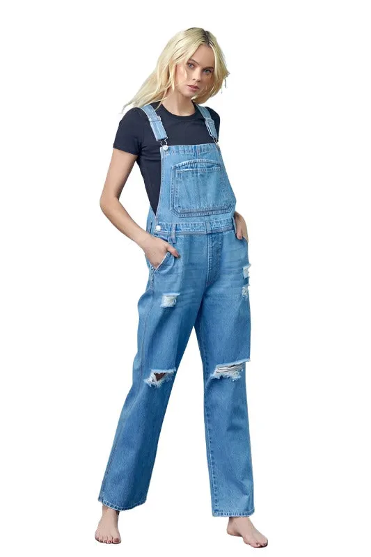 Pocket Patched Ripped Denim Overalls