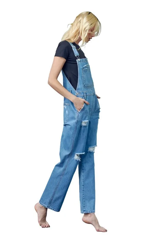 Pocket Patched Ripped Denim Overalls