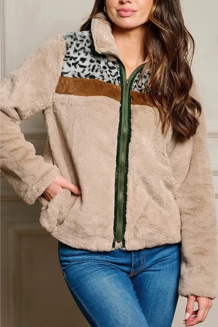 Pockets Zip Up Sherpa Animal Print Jacket