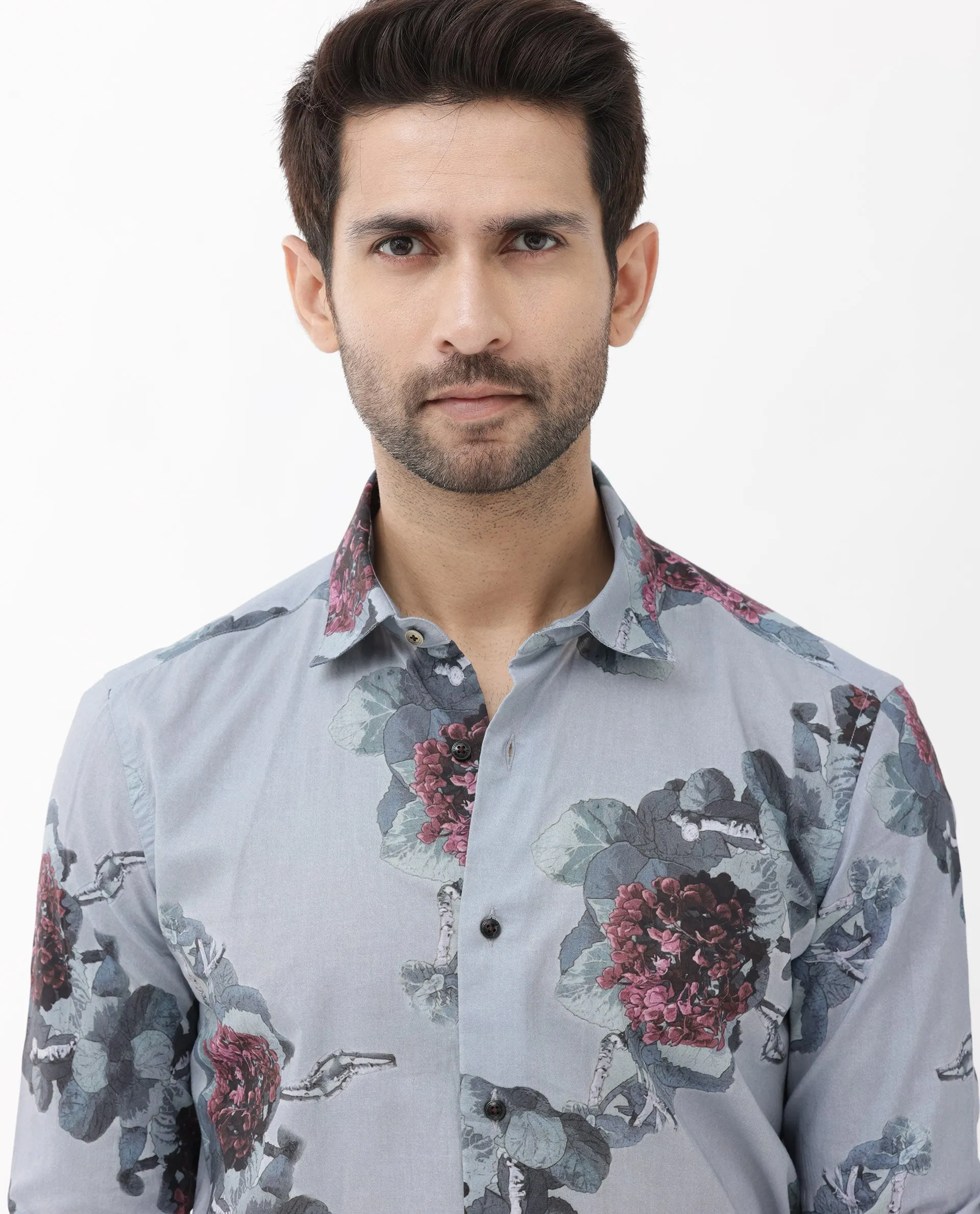 Rare Rabbit Mens Velem Grey Full Sleeve Regular Fit Floral Print Shirt