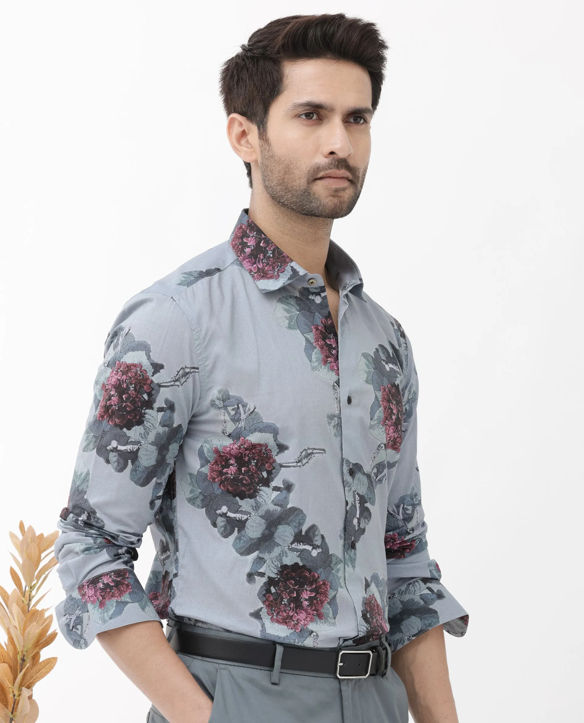 Rare Rabbit Mens Velem Grey Full Sleeve Regular Fit Floral Print Shirt